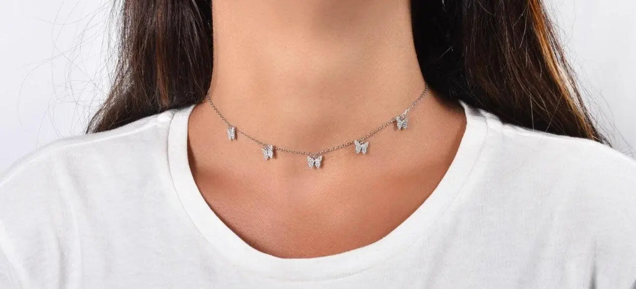 925 Sterling Silver Butterfly Charm Adjustable Choker Necklace - ADIRFINE 