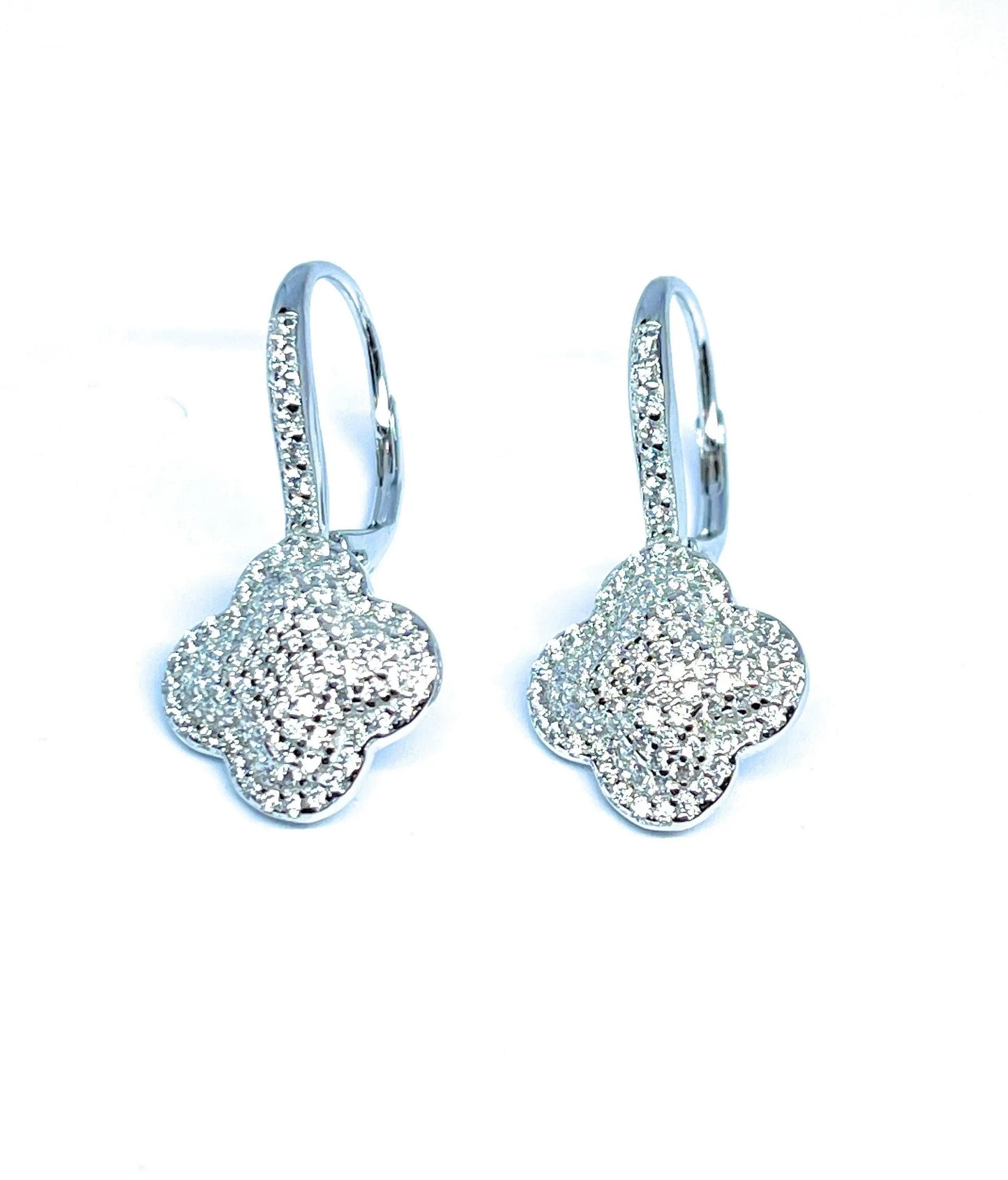 925 Sterling Silver Clover Pave Cubic Zirconia Lever Back Earrings - ADIRFINE 