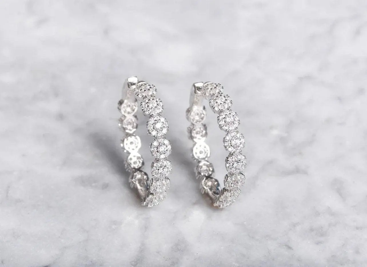 925 Sterling Silver Cluster Flower Cubic Zirconia Hoop Earrings - ADIRFINE 