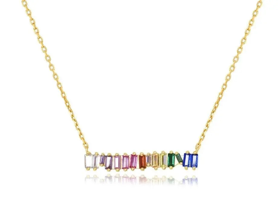 925 Sterling Silver Clustered Rainbow Baguette Bar Pendant Necklace Choker - ADIRFINE 