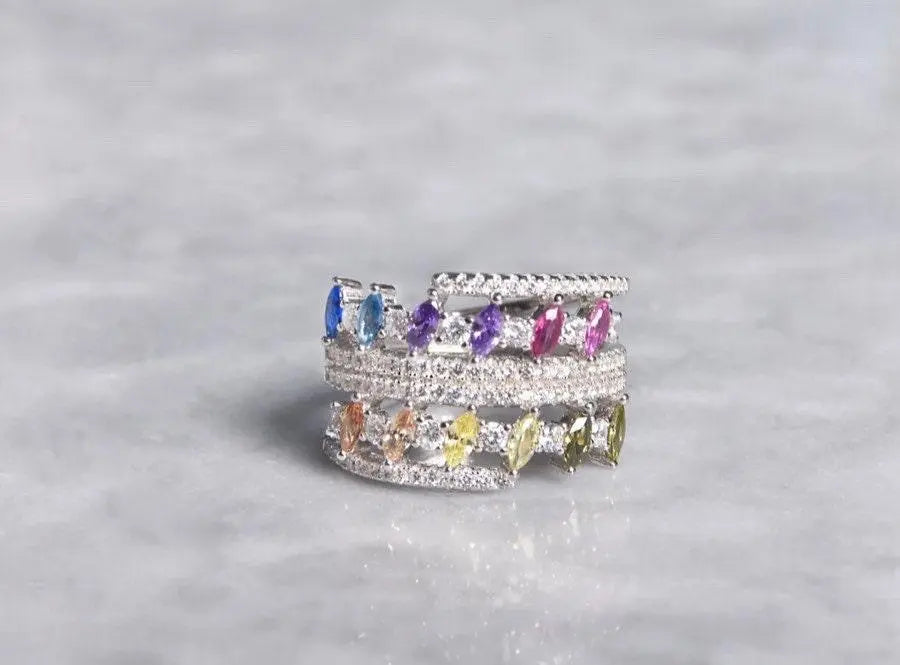 925 Sterling Silver Colored Rainbow Marquise Cubic Zirconia Ring - ADIRFINE 