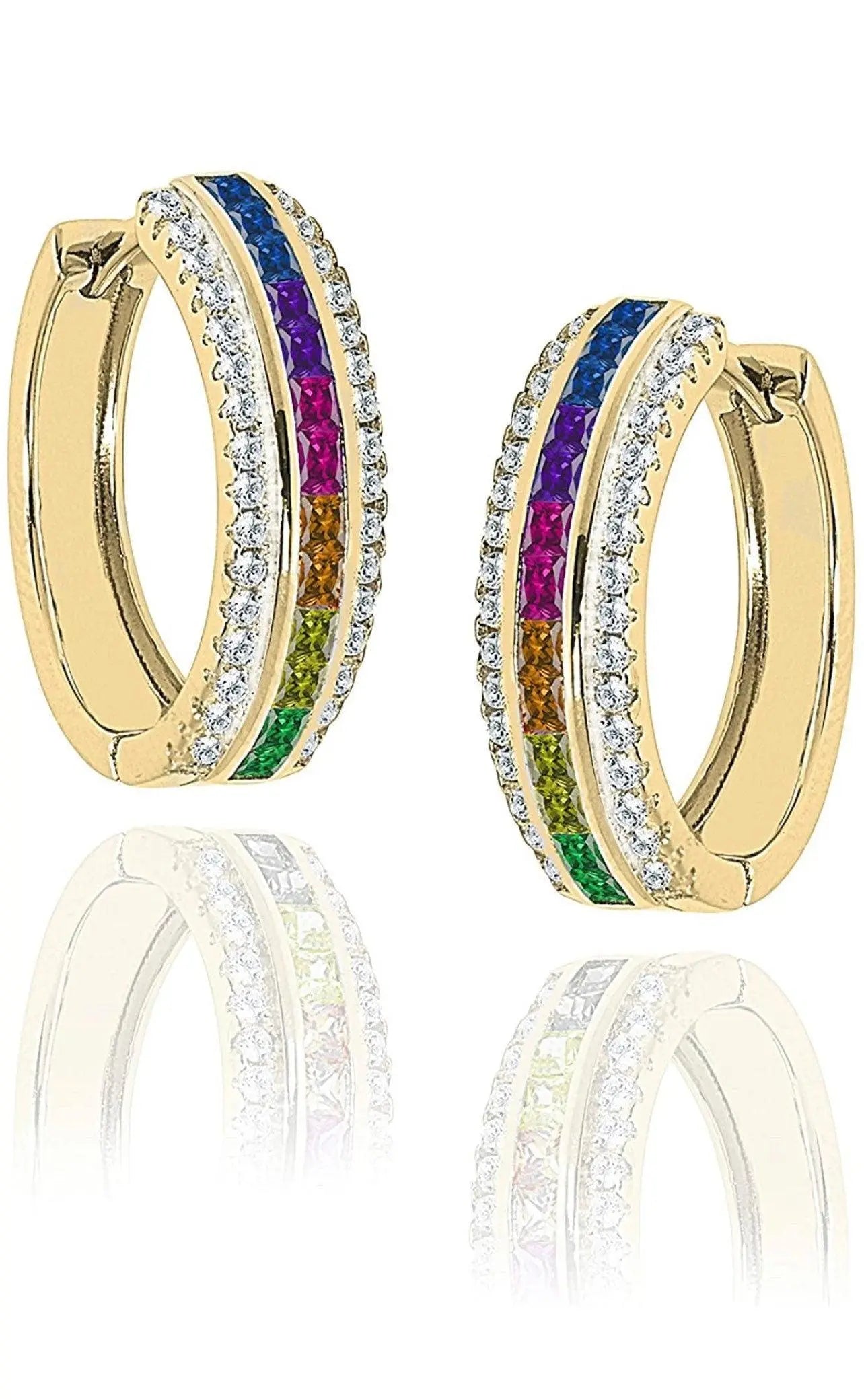 925 Sterling Silver Cubic Zirconia 22MM Princess Cut Rainbow Huggie Hoop Earrings - ADIRFINE 