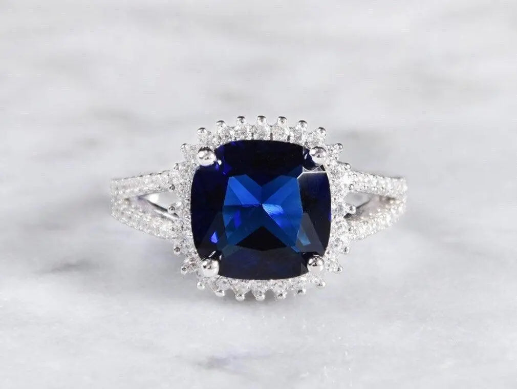 925 Sterling Silver Cushion Cut Sapphire Halo Ring - ADIRFINE 