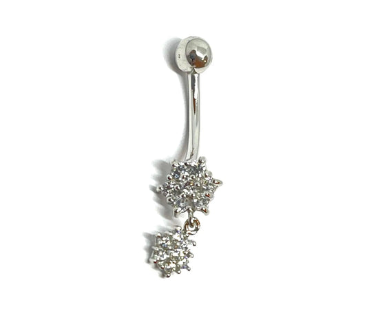 925 Sterling Silver Dangling CZ Cluster Banana Bar Belly Button Ring - ADIRFINE 