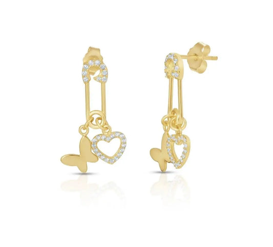 925 Sterling Silver Dangling Heart and Butterfly Safety Pin Stud Earrings - ADIRFINE 