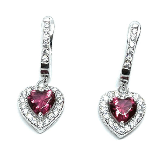 925 Sterling Silver Dangling Heart Huggie Earrings / Ruby Sapphire Cubic Zirconia Dangling Heart Earrings - ADIRFINE 