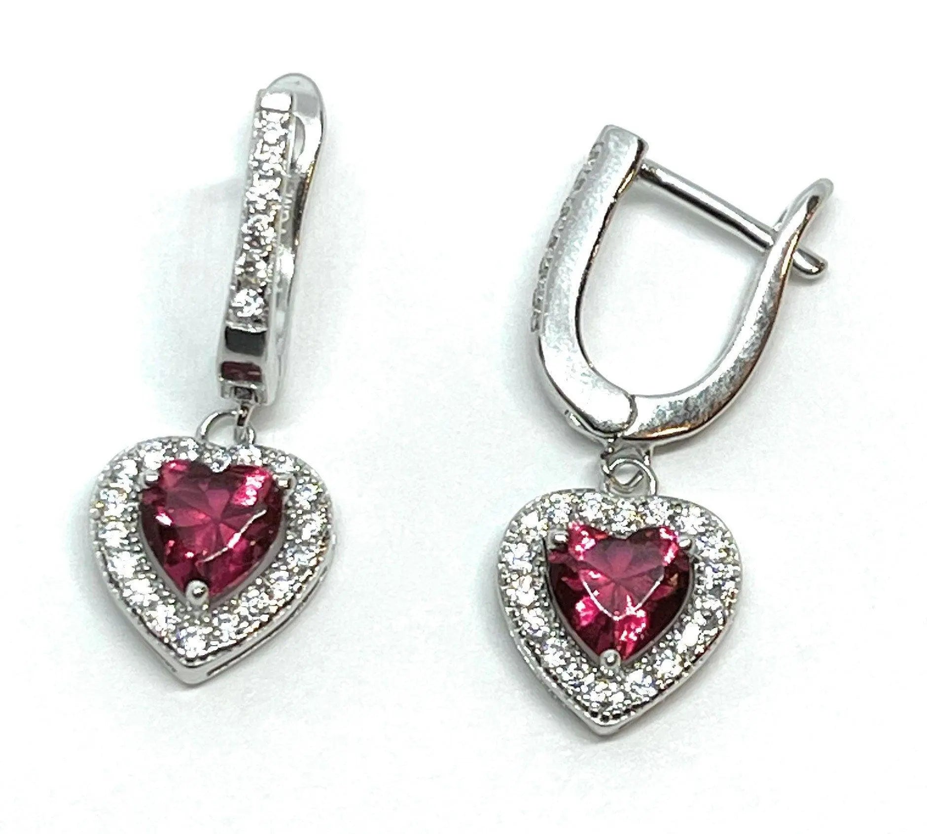 925 Sterling Silver Dangling Heart Huggie Earrings / Ruby Sapphire Cubic Zirconia Dangling Heart Earrings - ADIRFINE 