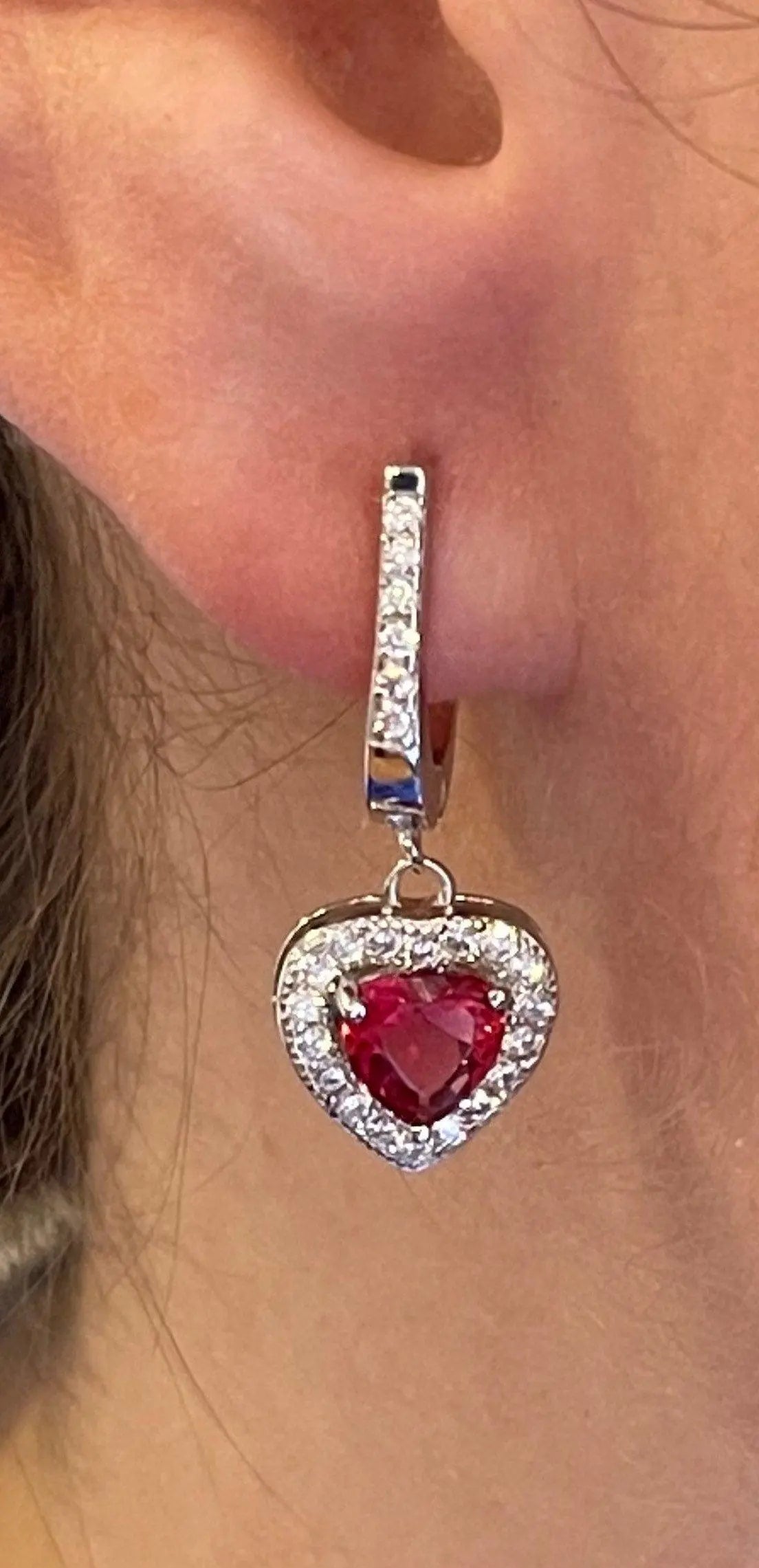 925 Sterling Silver Dangling Heart Huggie Earrings / Ruby Sapphire Cubic Zirconia Dangling Heart Earrings - ADIRFINE 