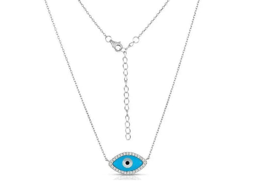 925 Sterling Silver Enameled Turquoise Evil Eye Pendant Necklace Choker - ADIRFINE 