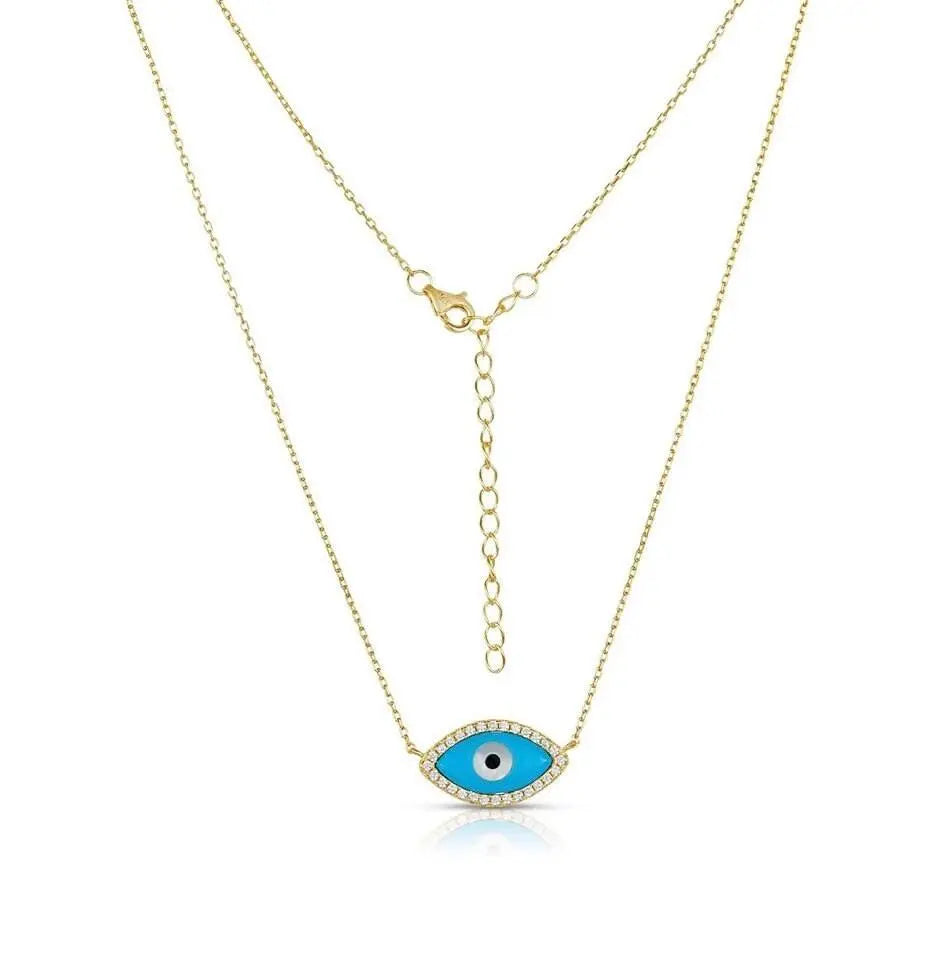 925 Sterling Silver Enameled Turquoise Evil Eye Pendant Necklace Choker - ADIRFINE 