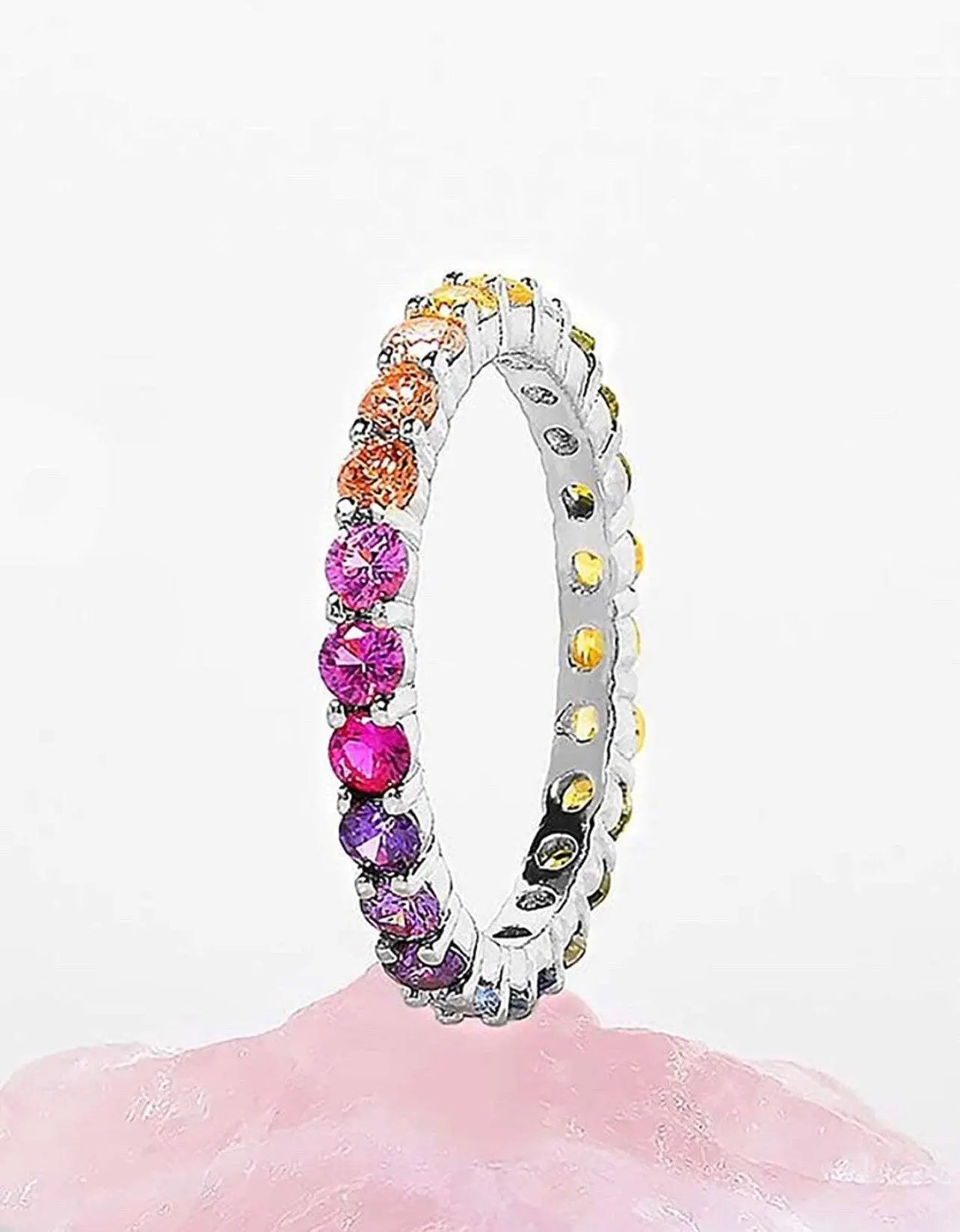 925 Sterling Silver Eternity Band / 2MM Round Rainbow Colored Stone Sterling Silver Eternity Ring - ADIRFINE 