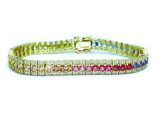 925 Sterling Silver Gold Plated Multi Colored Cubic Zirconia Tennis Bracelet - ADIRFINE 