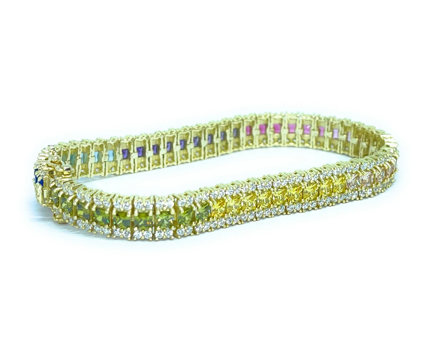 925 Sterling Silver Gold Plated Multi Colored Cubic Zirconia Tennis Bracelet - ADIRFINE 