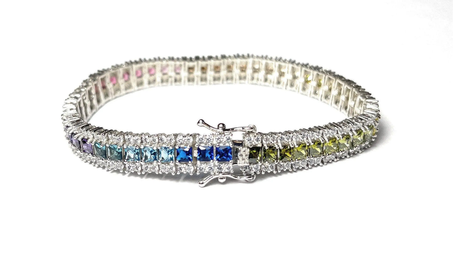 925 Sterling Silver Gold Plated Multi Colored Cubic Zirconia Tennis Bracelet - ADIRFINE 