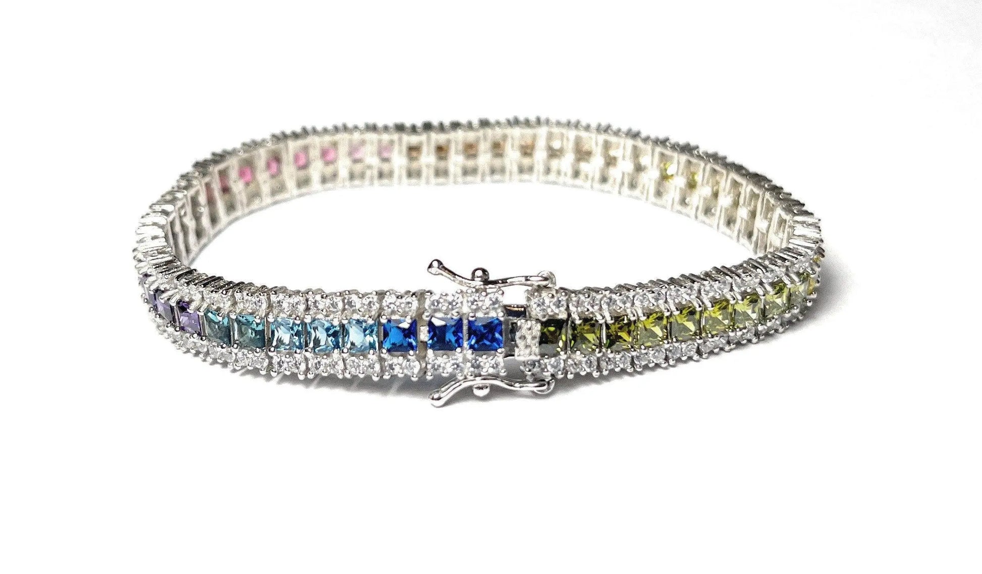 925 Sterling Silver Gold Plated Multi Colored Cubic Zirconia Tennis Bracelet - ADIRFINE 