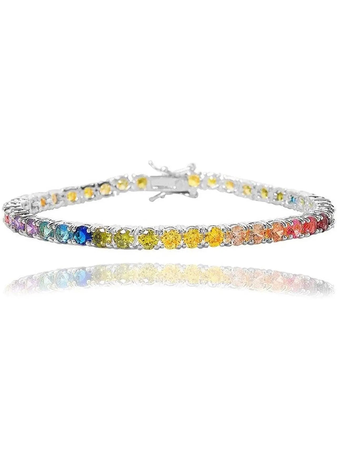 925 Sterling Silver Gold Plated Round Multi Colored CZ Tennis Bracelet - ADIRFINE 