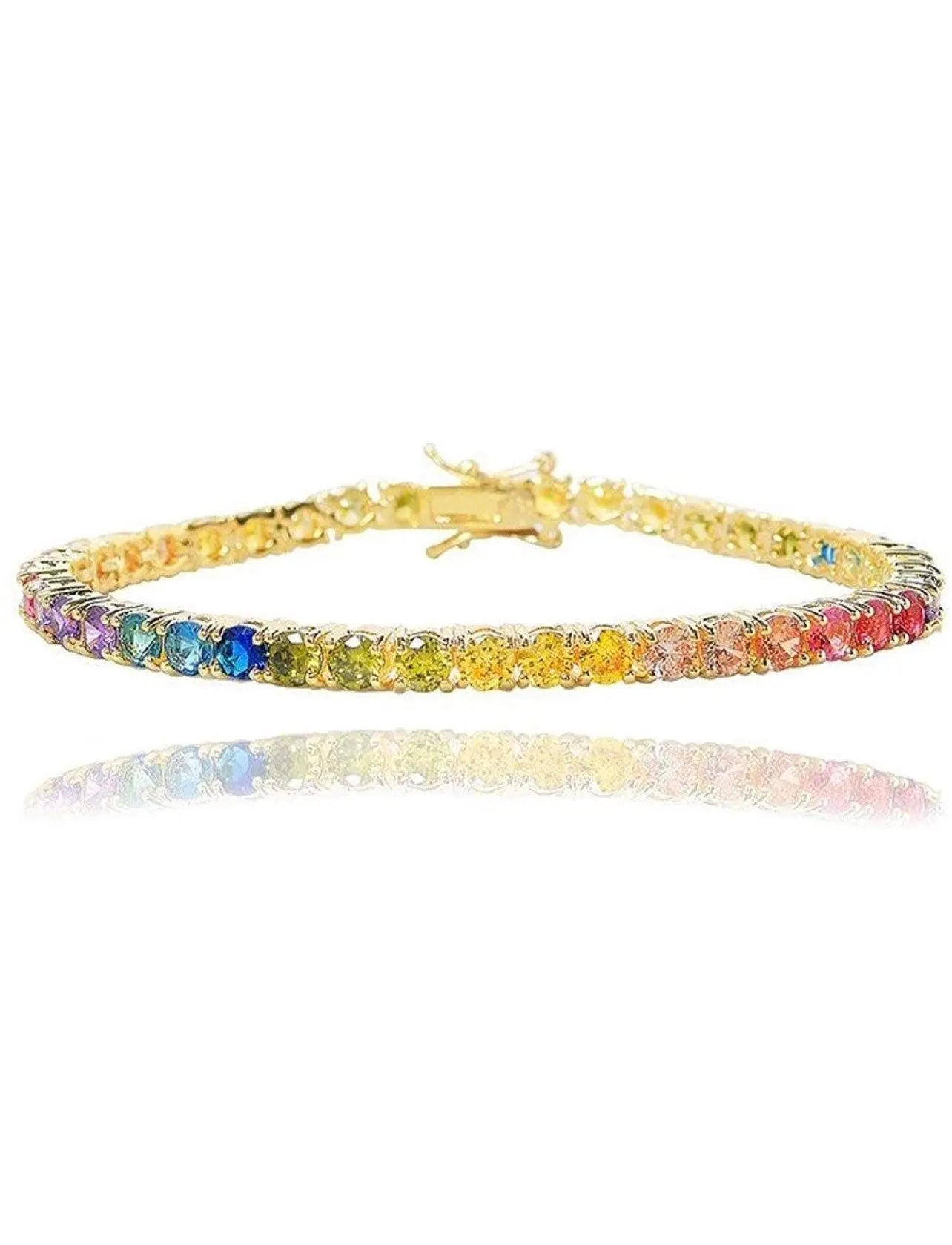 925 Sterling Silver Gold Plated Round Multi Colored CZ Tennis Bracelet - ADIRFINE 