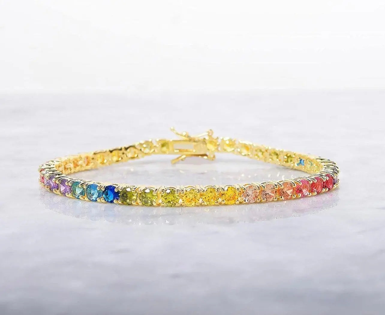 925 Sterling Silver Gold Plated Round Multi Colored CZ Tennis Bracelet - ADIRFINE 