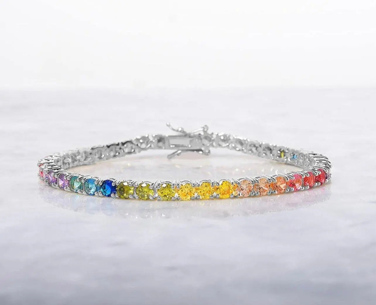 925 Sterling Silver Gold Plated Round Multi Colored CZ Tennis Bracelet - ADIRFINE 