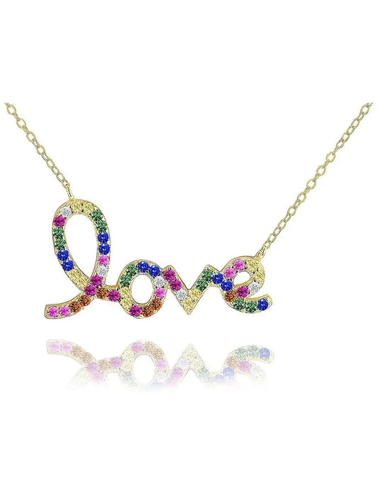 925 Sterling Silver LOVE Choker Necklace / Gold Plated Silver Multi-Colored Stone LOVE Charm and Chain - ADIRFINE 