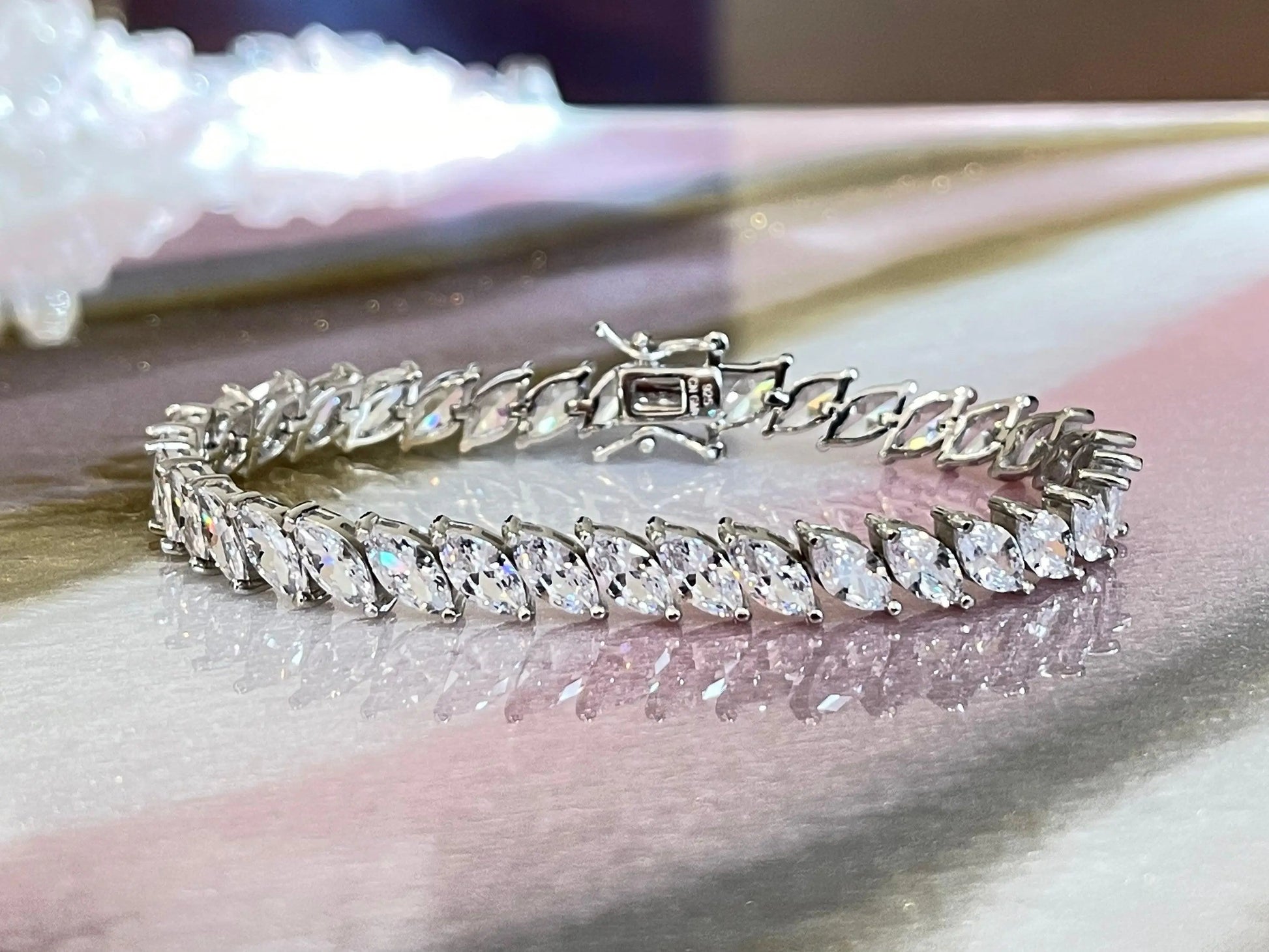 925 Sterling Silver Marquise Cut Cubic Zirconia Tennis Bracelet - ADIRFINE 