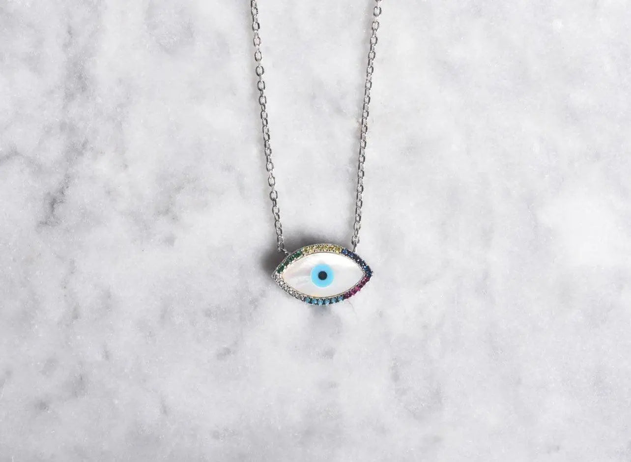 925 Sterling Silver Mother Of Pearl Evil Eye Pendant Necklace Choker - ADIRFINE 