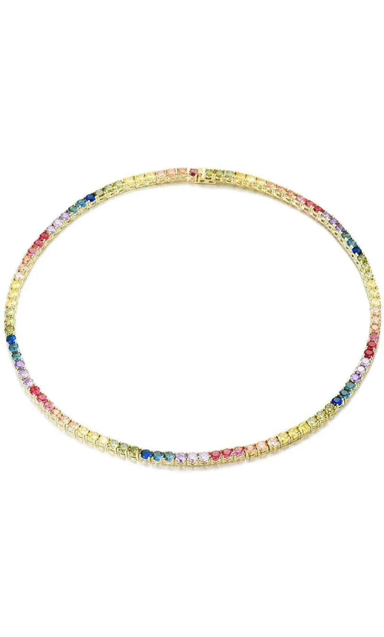 925 Sterling Silver Multi Color Rainbow Cubic Zirconia Choker Tennis Necklace - ADIRFINE 