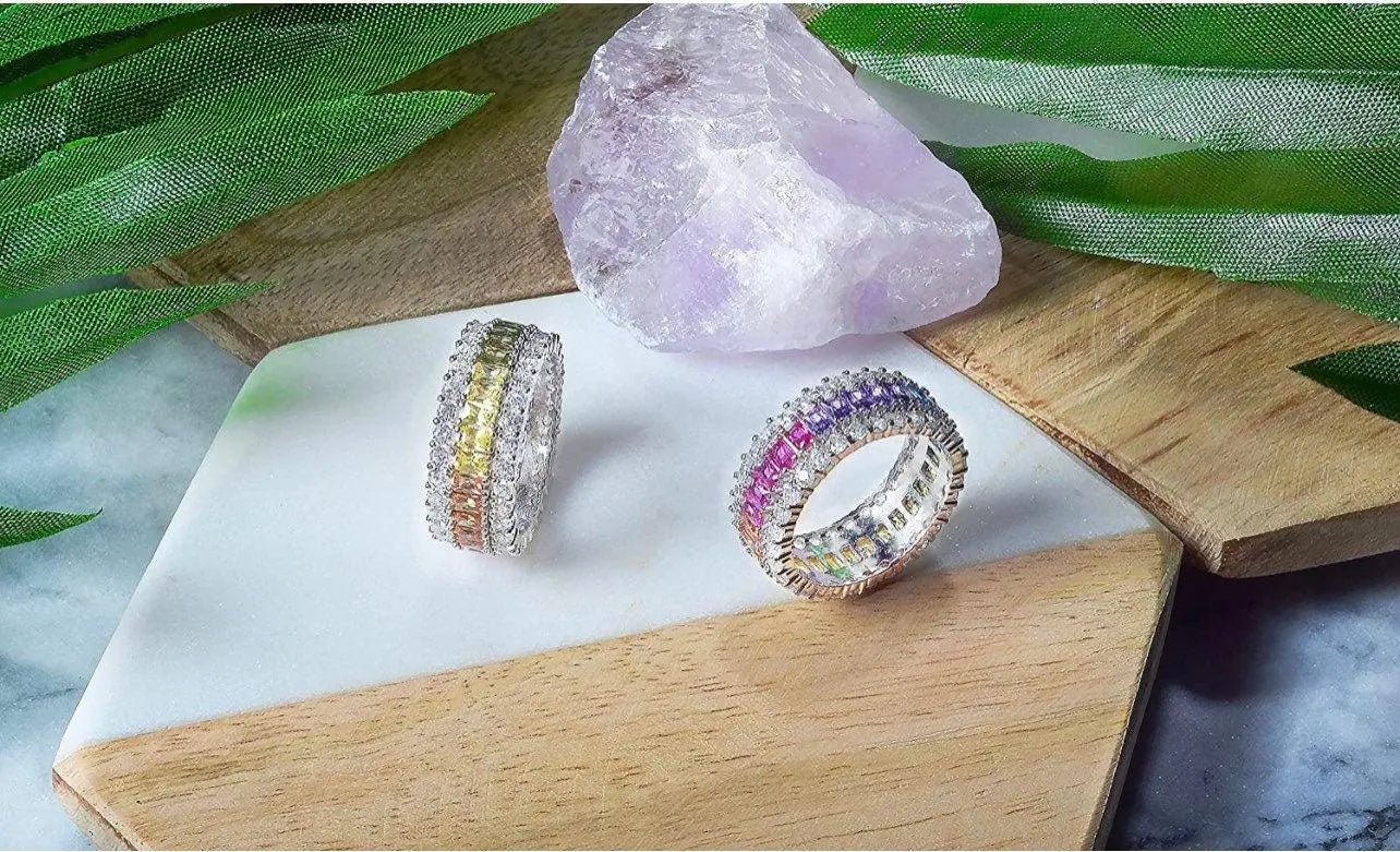 925 Sterling Silver Multi Colored Cubic Zirconia Eternity Band Ring - ADIRFINE 