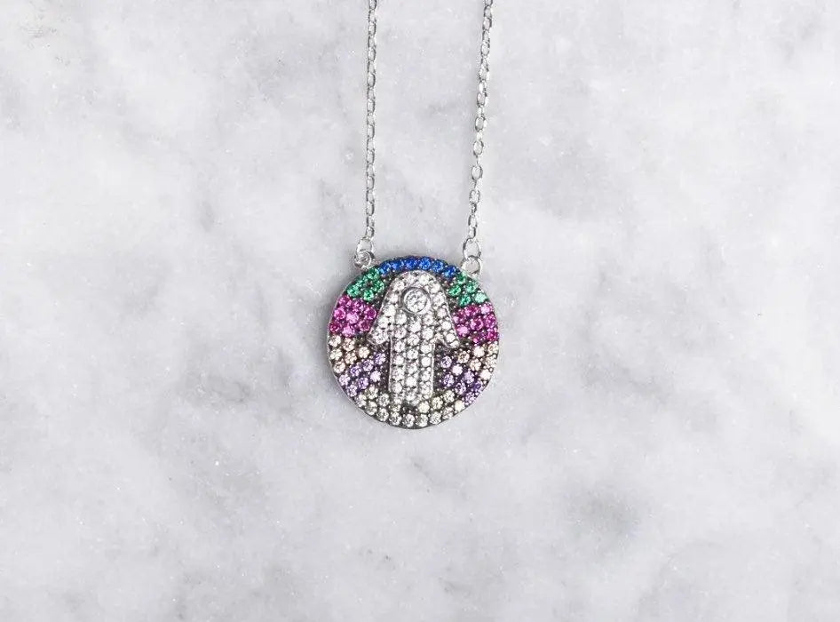 925 Sterling Silver Multi Colored Cubic Zirconia Hamsa Pendant Necklace - ADIRFINE 