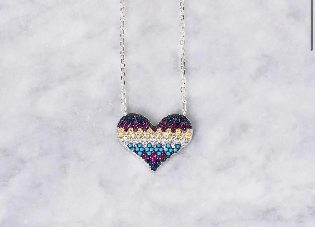 925 Sterling Silver Multi Colored Cubic Zirconia Heart Pendant Necklace - ADIRFINE 