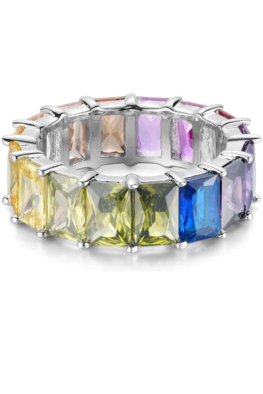 925 Sterling Silver Multi Colored Emerald Cut Cubic Zirconia Eternity Band Ring - ADIRFINE 