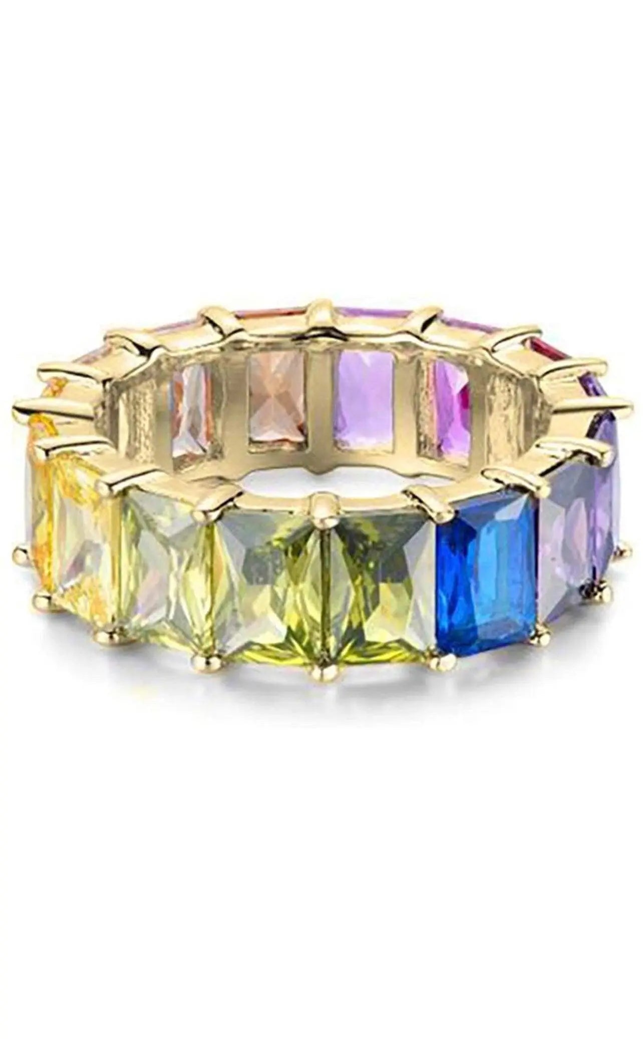 925 Sterling Silver Multi Colored Emerald Cut Cubic Zirconia Eternity Band Ring - ADIRFINE 