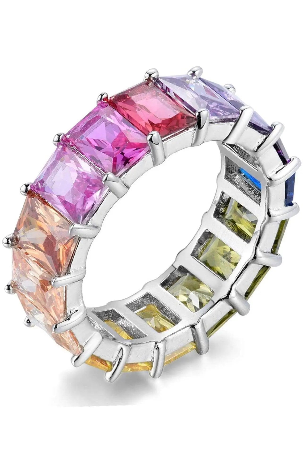 925 Sterling Silver Multi Colored Emerald Cut Cubic Zirconia Eternity Band Ring - ADIRFINE 