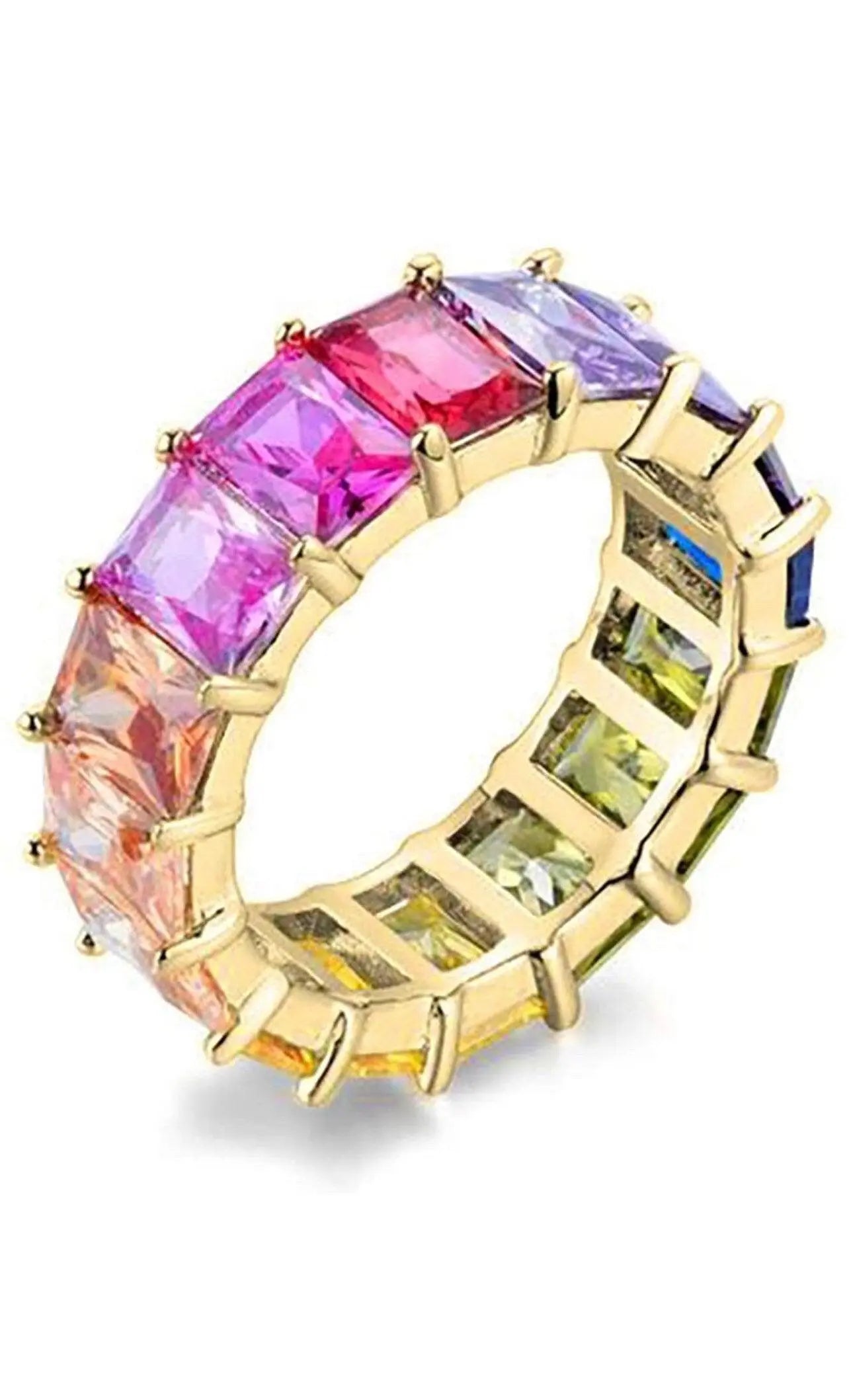 925 Sterling Silver Multi Colored Emerald Cut Cubic Zirconia Eternity Band Ring - ADIRFINE 