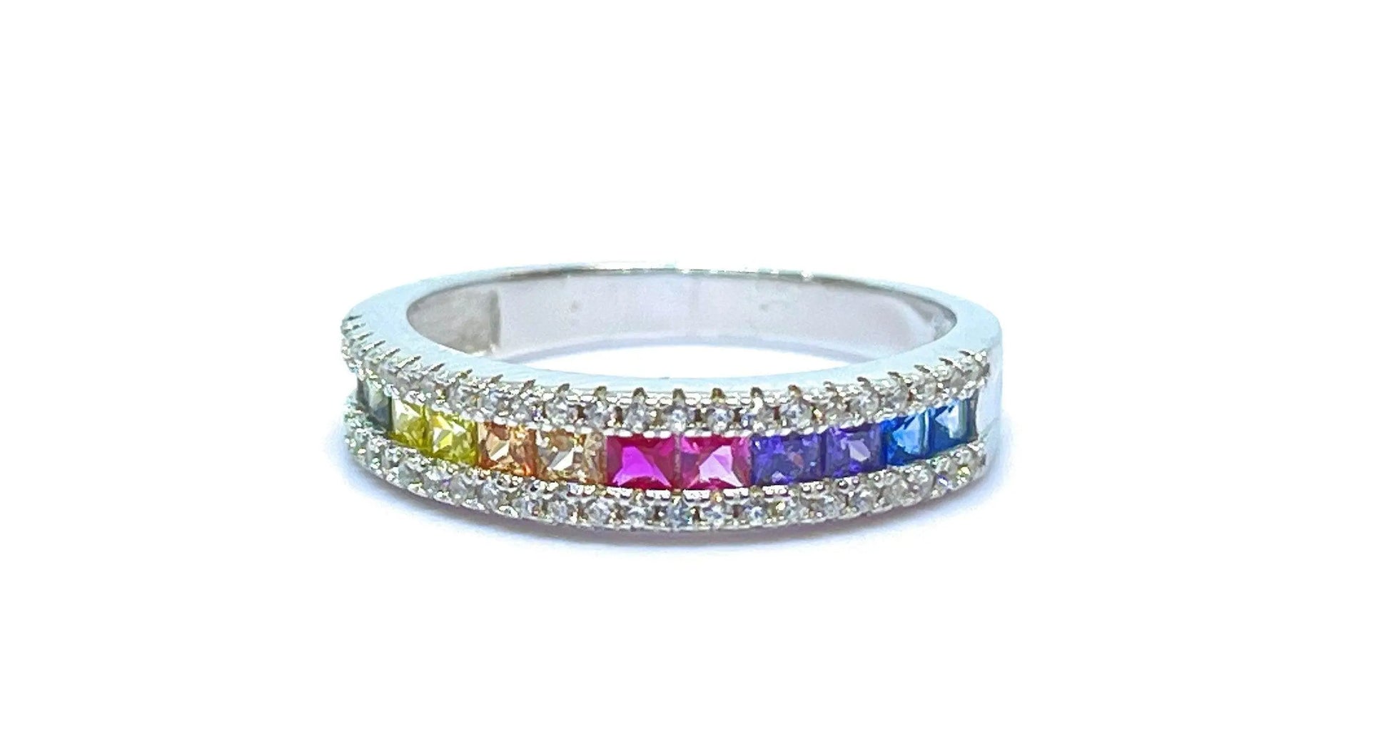 925 Sterling Silver Multi Colored Princess Cut Rainbow Cubic Zirconia Ring - ADIRFINE 