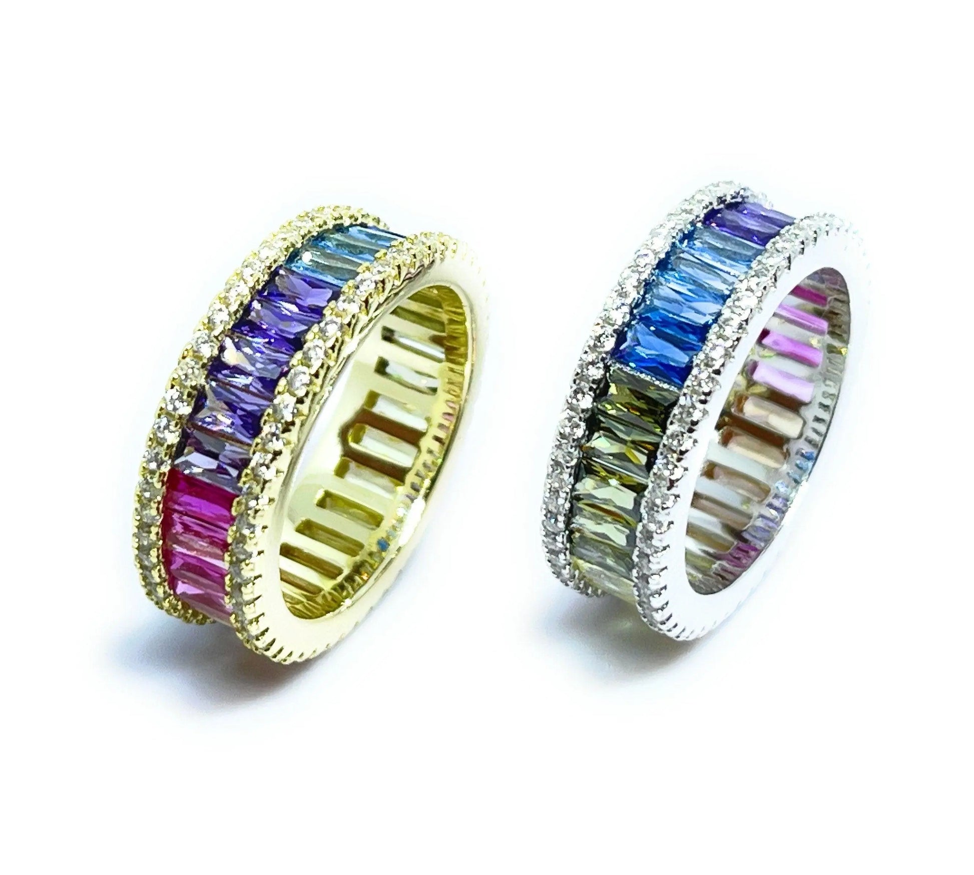 925 Sterling Silver Multi Colored Rainbow Baguette Cubic Zirconia Eternity Band - ADIRFINE 