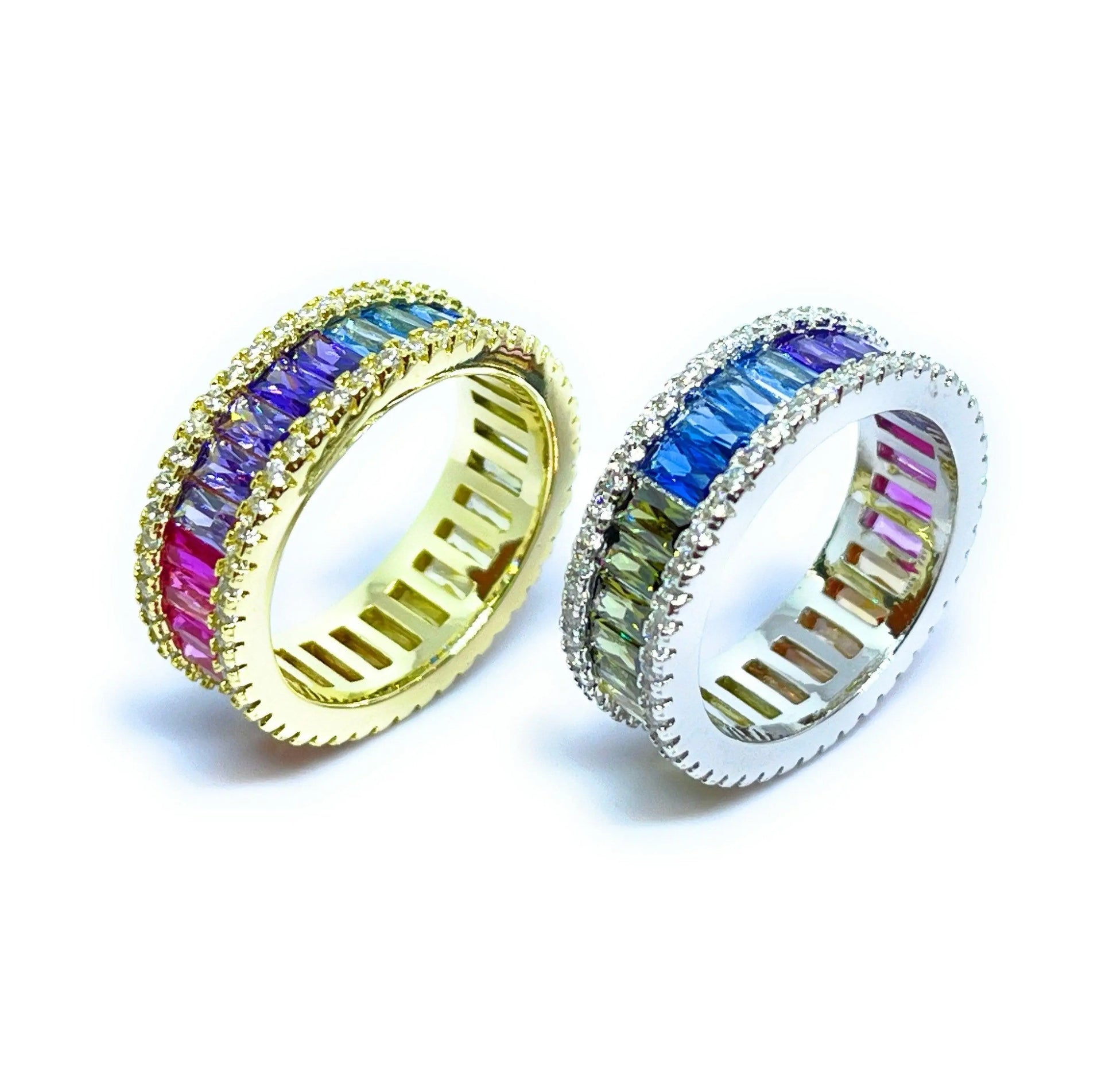 925 Sterling Silver Multi Colored Rainbow Baguette Cubic Zirconia Eternity Band - ADIRFINE 