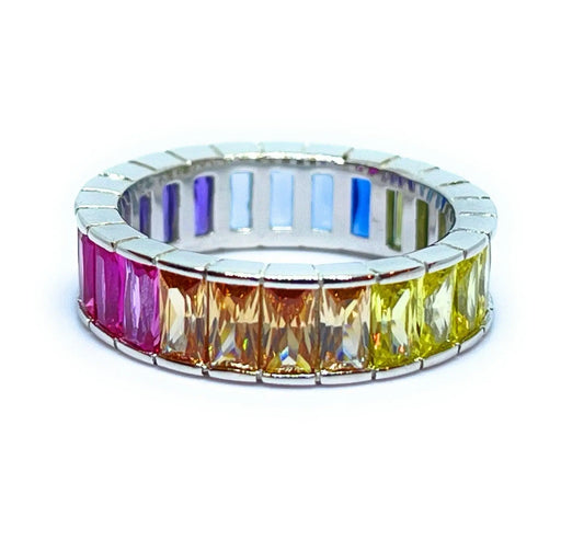 925 Sterling Silver Multi Colored Rainbow Baguette Cubic Zirconia Eternity Band Ring - ADIRFINE 