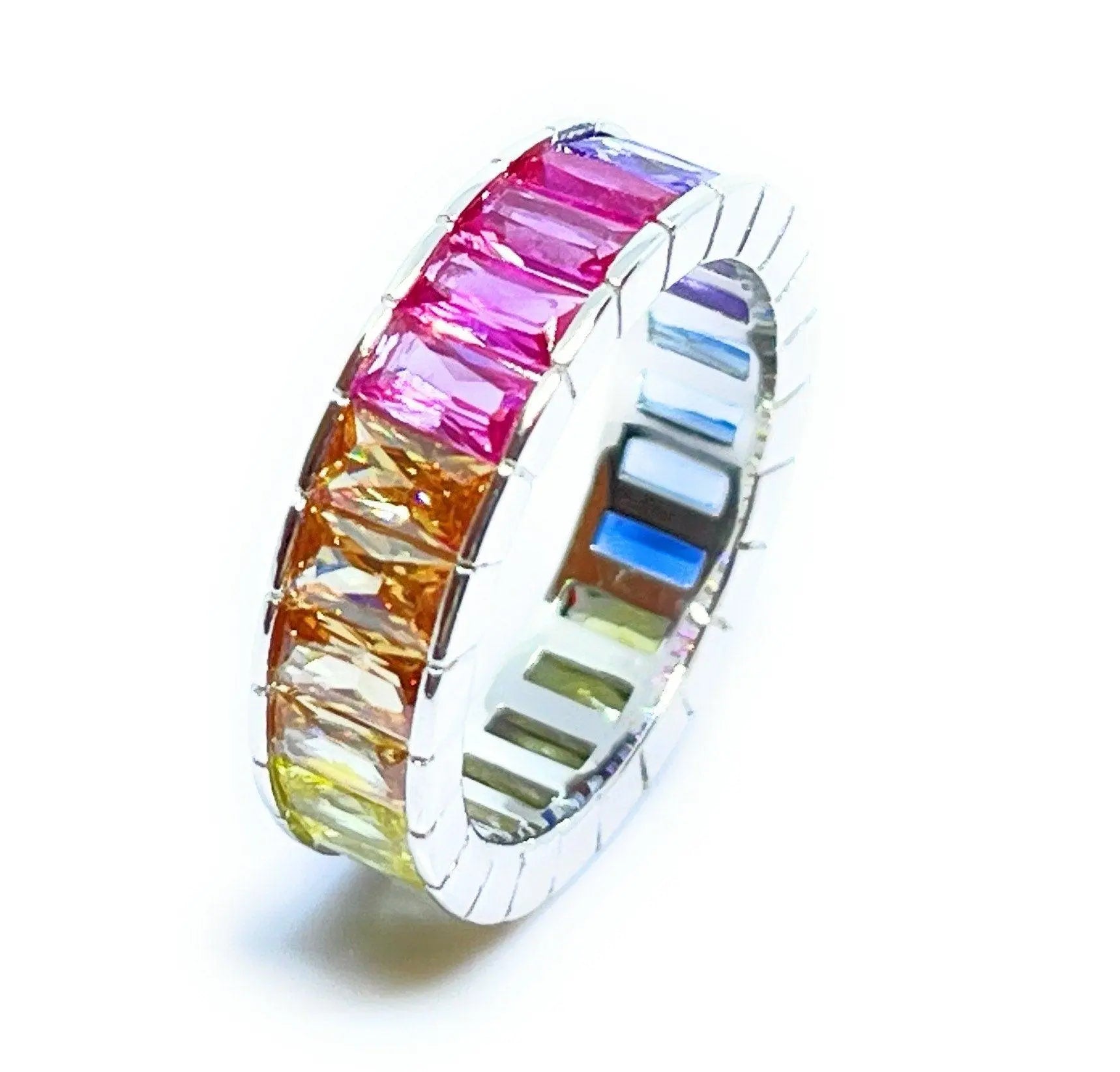 925 Sterling Silver Multi Colored Rainbow Baguette Cubic Zirconia Eternity Band Ring - ADIRFINE 