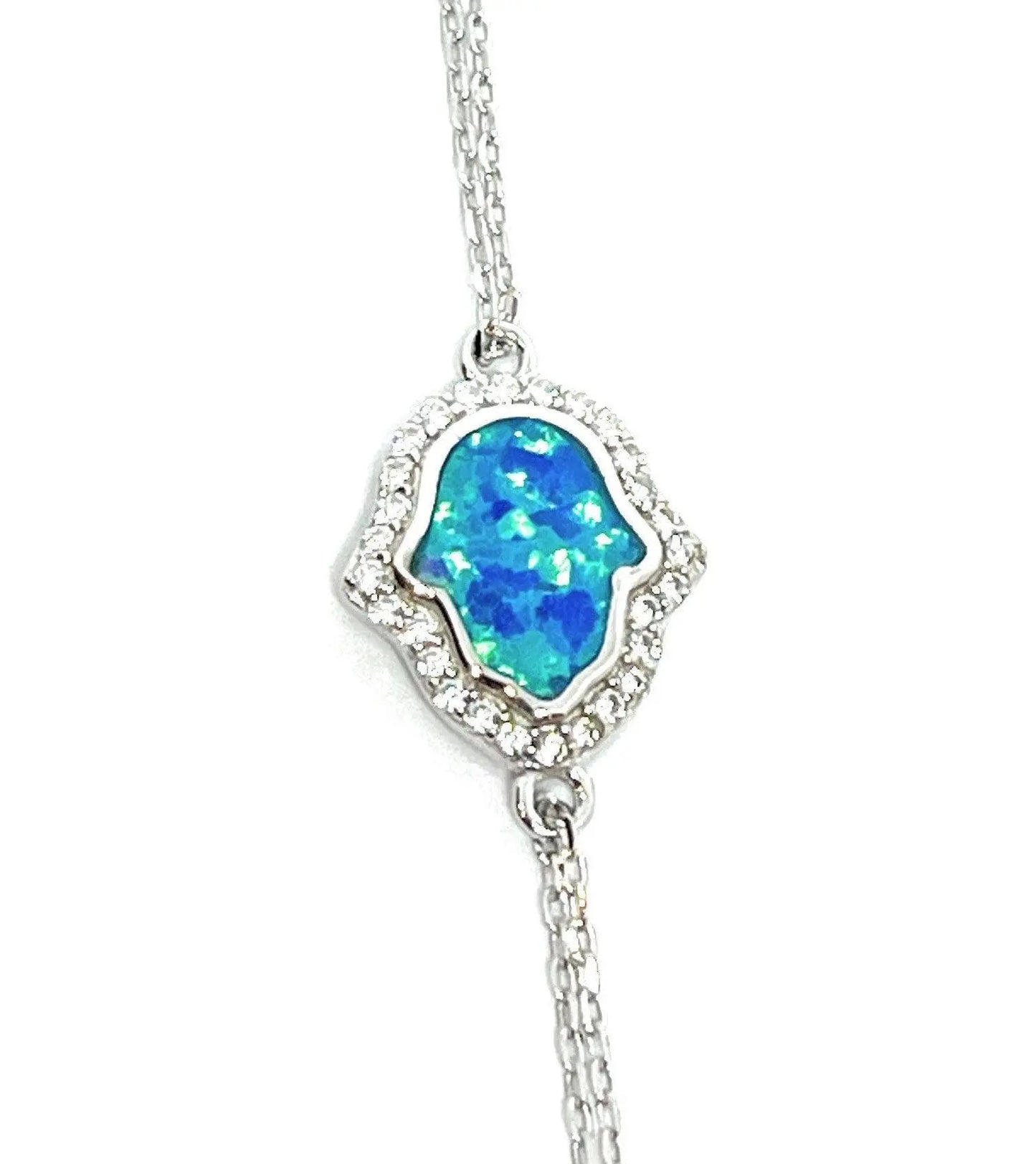 925 Sterling Silver Opal Hamsa Bracelet / Opal Hamsa Charm Bracelet - ADIRFINE 