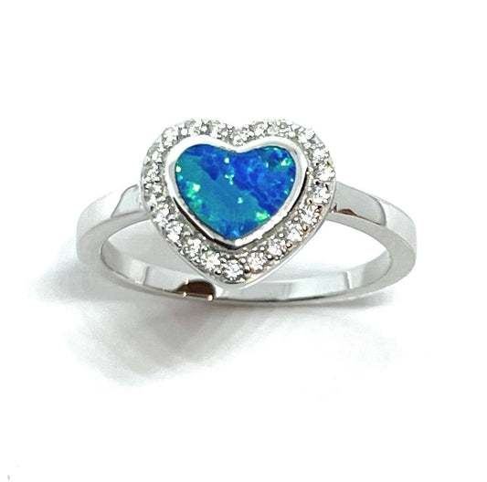 925 Sterling Silver Opal Heart Cubic Zirconia Halo Ring - ADIRFINE 