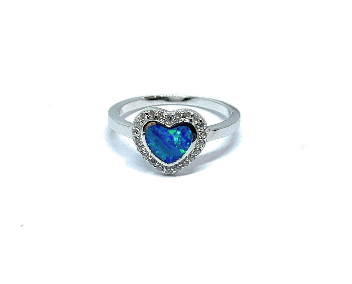 925 Sterling Silver Opal Heart Cubic Zirconia Halo Ring - ADIRFINE 