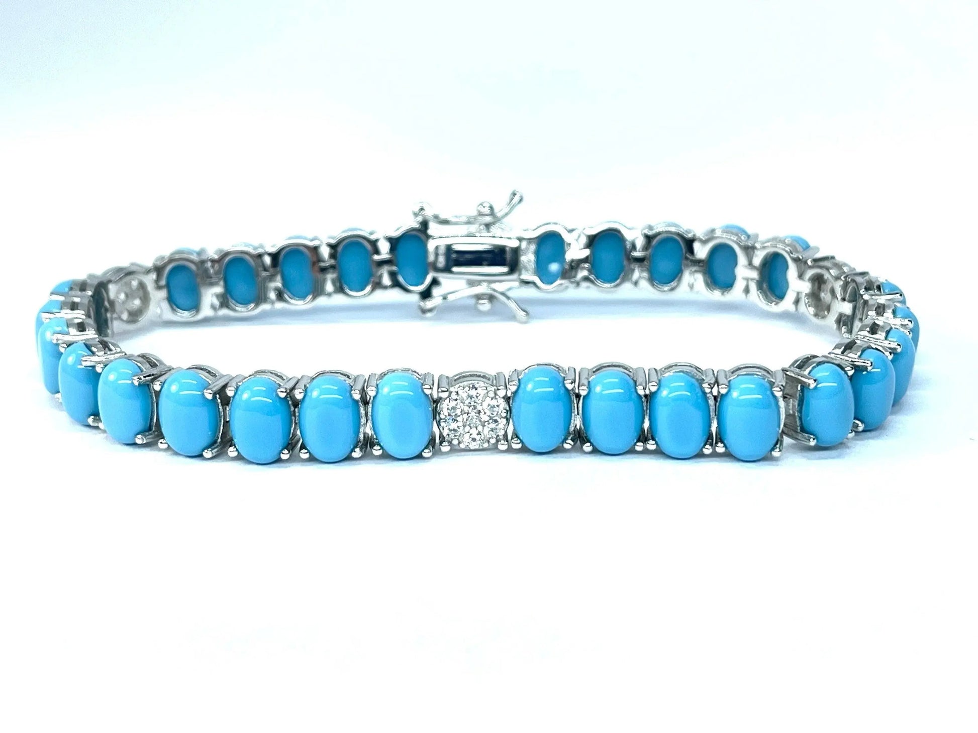 925 Sterling Silver Oval Blue Turquoise Tennis Bracelet - ADIRFINE 