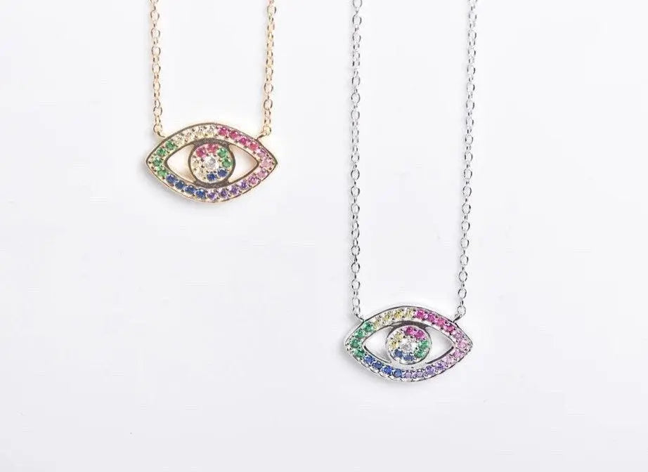 925 Sterling Silver Rainbow Cubic Zirconia Evil Eye Pendant Necklace Choker - ADIRFINE 