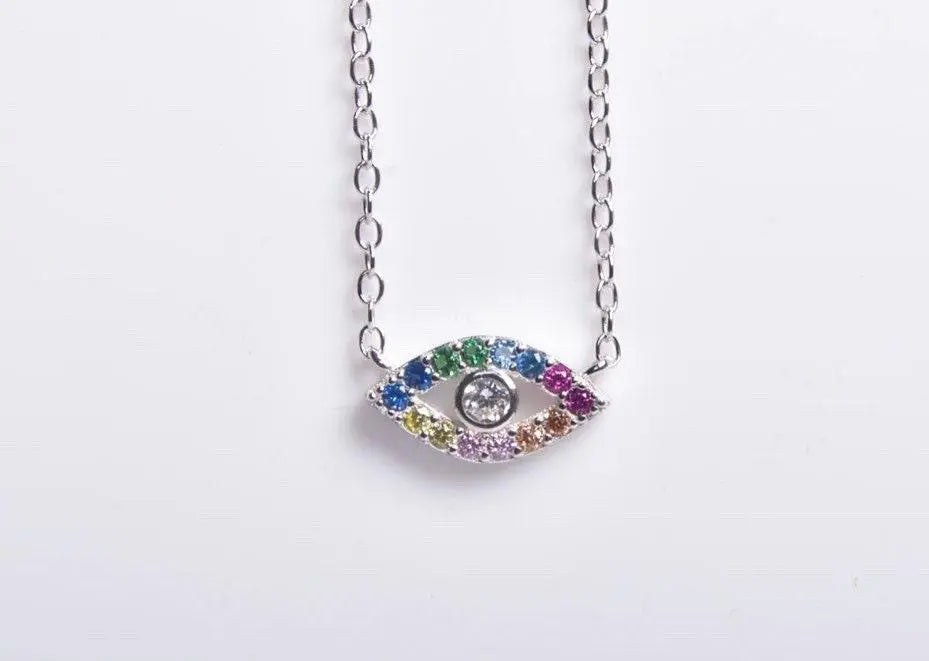 925 Sterling Silver Rainbow Cubic Zirconia Mini Dainty Evil Eye Pendant Necklace Choker - ADIRFINE 