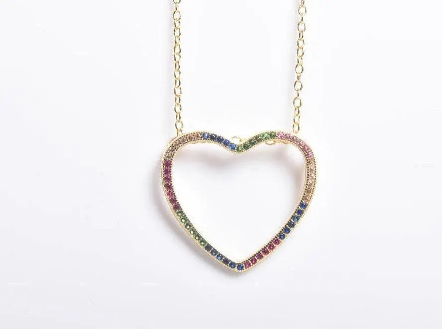 925 Sterling Silver Rainbow Cubic Zirconia Open Heart Pendant Necklace - ADIRFINE 