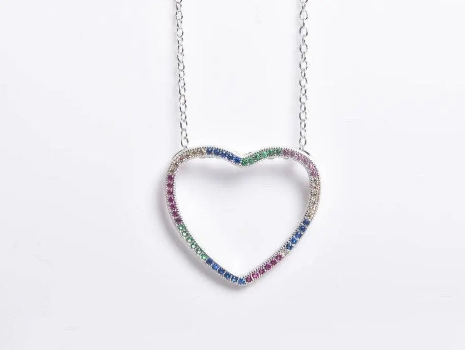 925 Sterling Silver Rainbow Cubic Zirconia Open Heart Pendant Necklace - ADIRFINE 