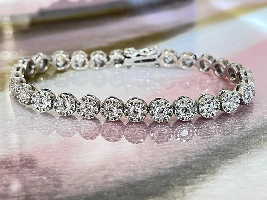 925 Sterling Silver Round Brilliant Cut Cubic Zirconia Halo Tennis Bracelet - ADIRFINE