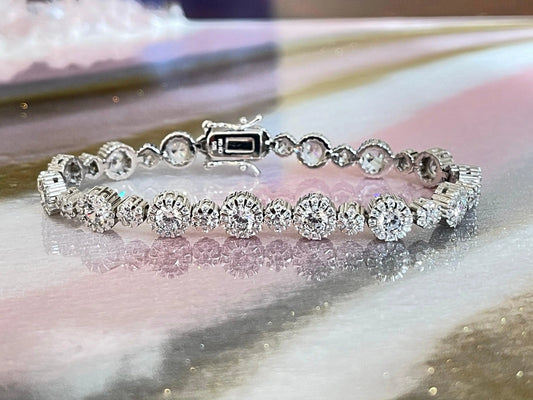 925 Sterling Silver Round Brilliant Cut Cubic Zirconia Halo Tennis Bracelet - ADIRFINE 