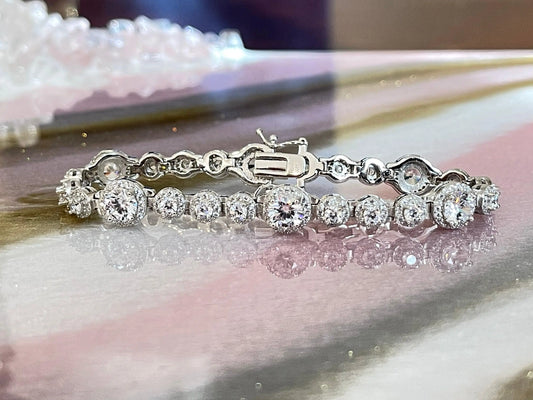 925 Sterling Silver Round Brilliant Cut Cubic Zirconia Halo Tennis Bracelet - ADIRFINE 